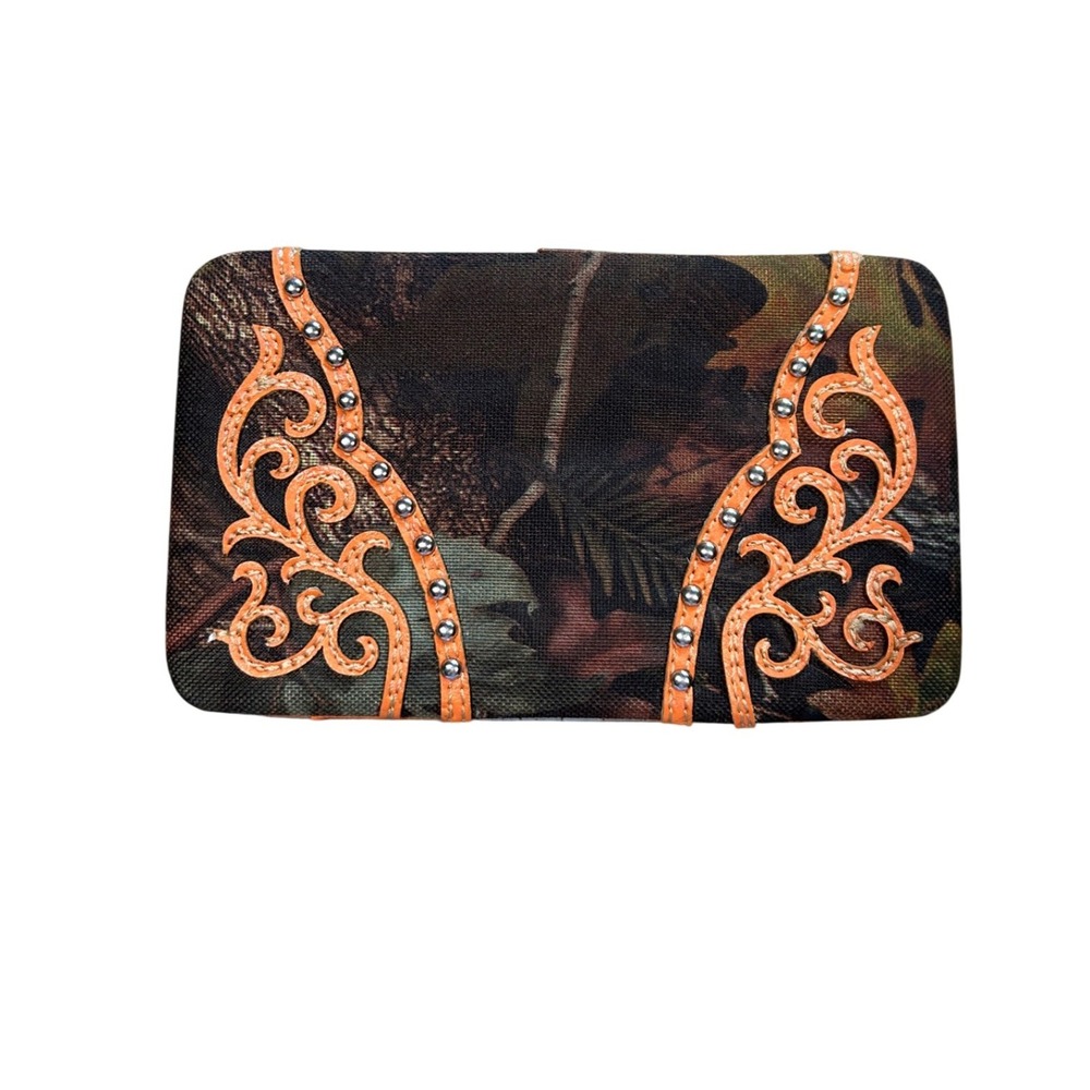 VTG Y2K‎ Camo Western Wallet Orange Cowgirl Country Studded Ostrich Trim Pink